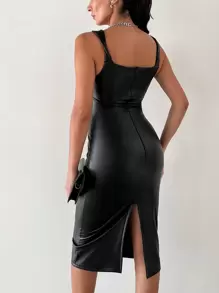 EURMUSE Solid Ruched PU Cami Dress - Black - View 2