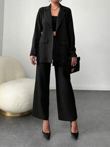 EURMUSE 女士們豎條紋西裝外套 - 黑色 - 查看 5