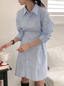 DAZY Women's Solid Color Button Detail Shirt Dress - Baby Blue - View 5