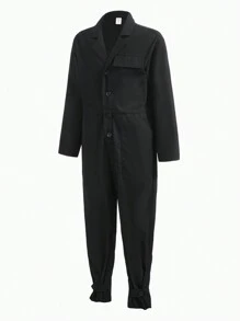 SHEIN Tween Boy Button Front Flap Detail Shirt Jumpsuit - Black - View 6
