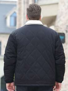 Manfinity Homme Loose Fit Men's Plus Size Quilted Coat With Letter Graphic And Contrast Collar - Black - View 2