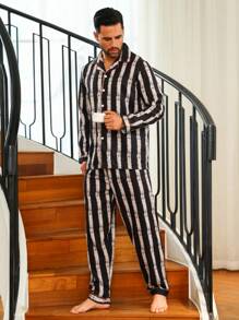 Men's Black Striped Pajama Set Regular Sleeve Lapel Gentleman Style Loungewear With Pockets And Buttons - Black - View 5
