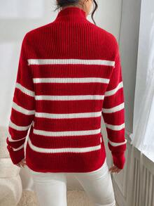 EURMUSE Stripe Pattern Mock Neck Drop Shoulder Sweater - Burgundy - View 2