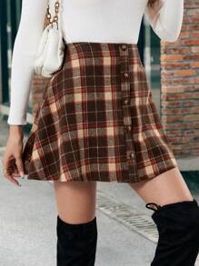 SHEIN Frenchy Plaid Print Button Front Skirt