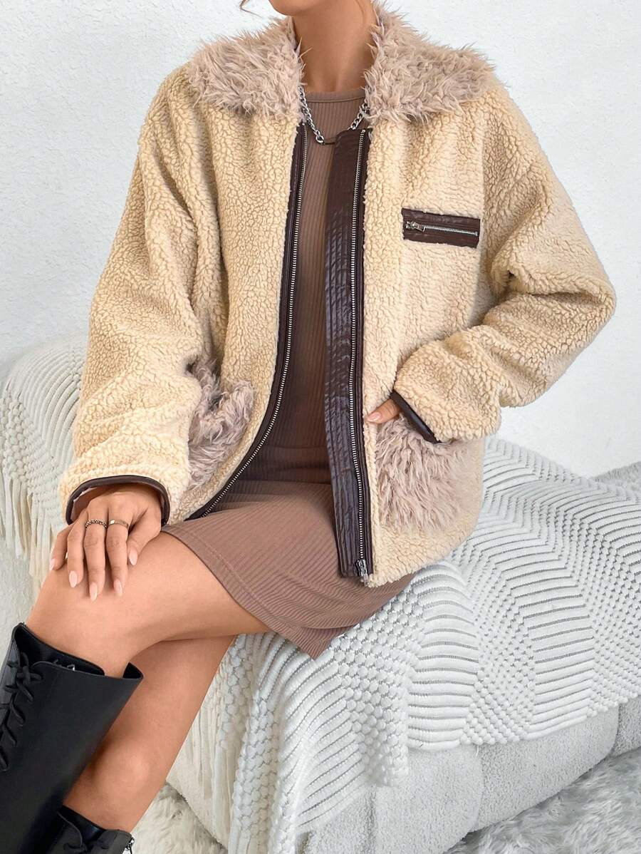 SHEIN Essnce 女式毛领落肩大衣 - 杏色 - 查看 1