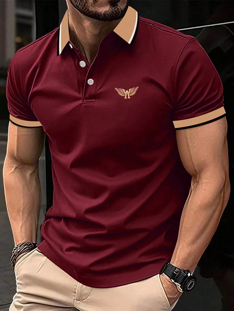 Manfinity Homme Nam In Cánh Viền tương phản Áo polo - Màu Đỏ Sâu - Xem 1