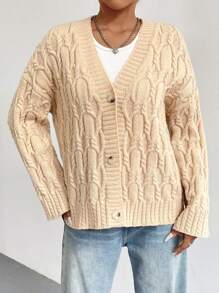SHEIN LUNE Cable Knit Drop Shoulder Button Front Cardigan Knit Pullover Fall Winter Outfit