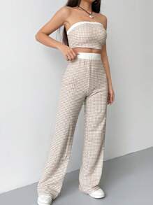 Muchica 格紋印花抹胸上衣和喇叭褲 - 卡其色 - 查看 3