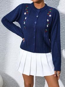 SHEIN Essnce Floral Embroidery Drop Shoulder Button Front Cardigan - Royal Blue - View 5