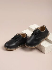 Boys' Pu Leather Oxford Shoes, Round Toe, Lace-up Closure, Flat Sole