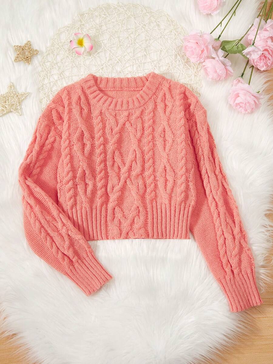 SHEIN Chica preadolescente Jersey tejido de cable de hombros caídos - Rosa - Ver 1
