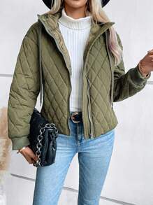 Chiquease 拉链抽绳连帽绗缝加厚外套冬季服装 - 綠色 - 查看 6
