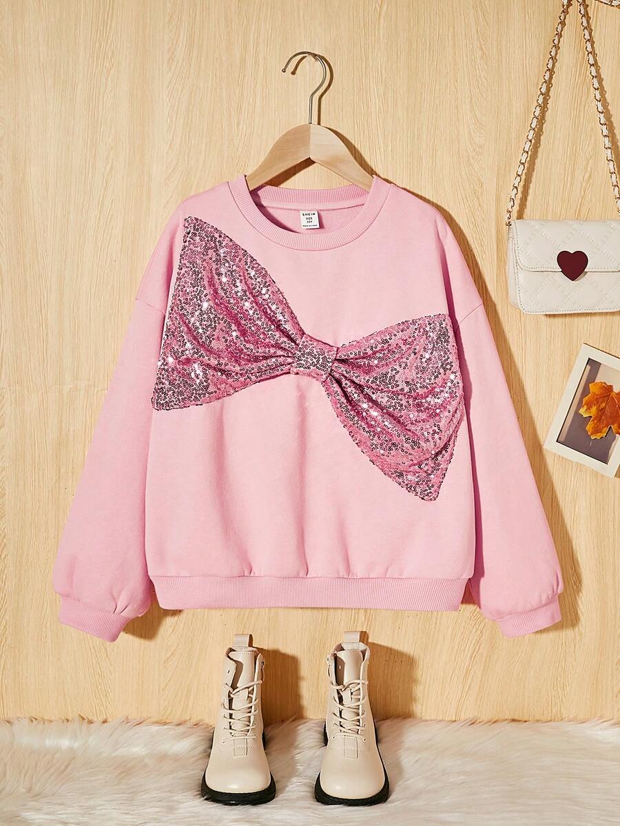 SHEIN Cô gái Tween Nơ mặt trước Đồ trang trí tấm lóng lánh Áo chui đầu - Hồng - Xem 1