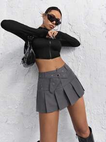 SHEIN ICON 女款高腰腰帶百褶裙 - 深灰色 - 查看 3