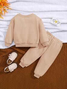 SHEIN 女嬰花卉圖案補丁貼衛衣和衛褲 - 卡其色 - 查看 2