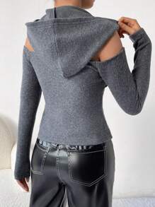 SHEIN Privé Mặt trước xoắn Halter Neck Vai lạnh áo có mũ Áo thun - Xám - Xem 2
