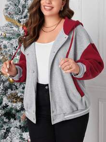 SHEIN Essnce 大碼撞色落肩袖抽繩連帽夾克 - 彩色 - 查看 6