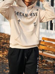 Manfinity EMRG Nam Đồ họa Chữ cái Túi kangaroo Hoodie - Màu Khaki - Xem 8
