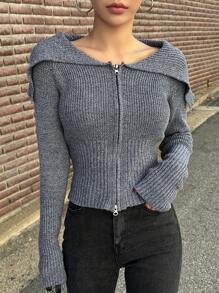 Dazy Star 折邊水手領條紋針織拉鏈開襟開襟衫 - 藍色 - 查看 7