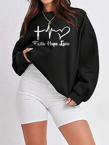 SHEIN EZwear 大碼愛心和字母圖案落肩袖運動衫 - 黑色 - 查看 3