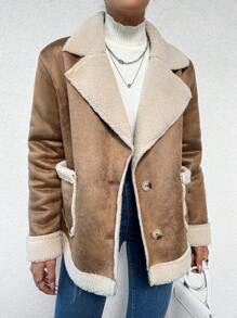 EURMUSE Lapel Neck Pocket Front Faux Shearling Coat - Brown - View 5