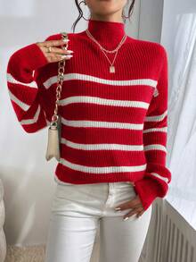 EURMUSE Stripe Pattern Mock Neck Drop Shoulder Sweater - Burgundy - View 5