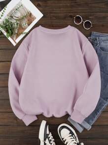 SHEIN EZwear 大碼標語和人物圖案加絨內裏運動衫 - 紫丁香色 - 查看 2