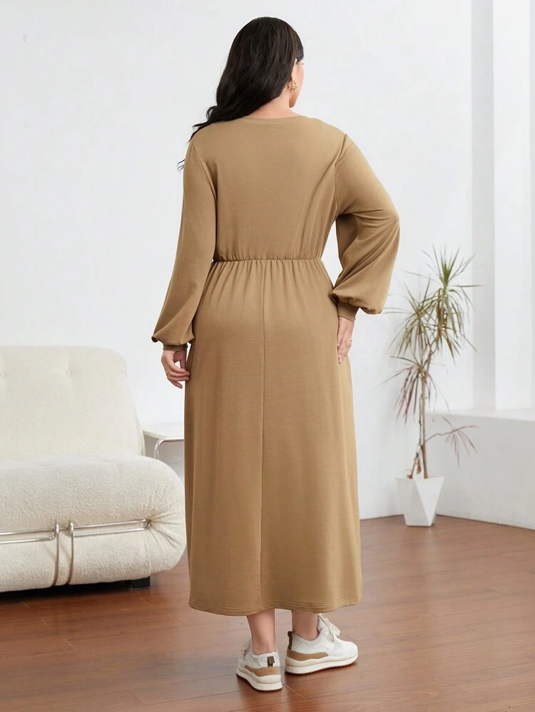 Plus Letter Patched Contrast Piping Lantern Sleeve Sweatshirt Dress