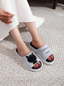 Fall/Winter Lucky Cat Open Toe Indoor House Slippers For Women With Non-Slip & Noiseless Sole, Cute Cat Design