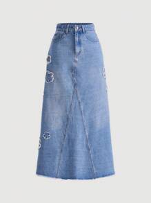 SHEIN MOD Floral Embroidery Raw Trim Denim Skirt - Light Wash - View 1