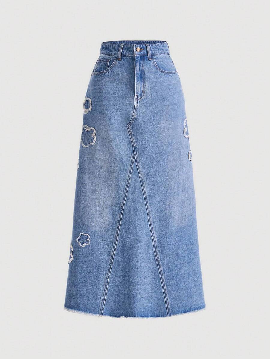 SHEIN MOD Floral Embroidery Raw Trim Denim Skirt - Light Wash - View 1
