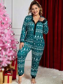 Talla grande Mameluco de dormir con estampado de Navidad con botón delantero - Verde - Ver 4