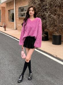 Dazy Star Chất rắn Thả vai Quá lớn Aó chui đầu Teddy - Hồng - Xem 4