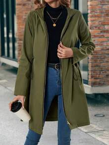 SHEIN Frenchy 拉鏈開襟腰部抽繩連帽外套 - 軍綠色 - 查看 6