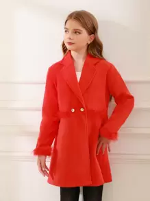 SHEIN Tween Girl Fuzzy Trim Double Button Overcoat for Christmas - Red - View 5