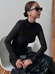 Mock Neck Lettuce Trim Tee Without Bra Long Sleeve Top - Black - View 6