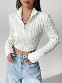 SHEIN EZwear Cable Knit Half Zip Crop Sweater - White - View 5