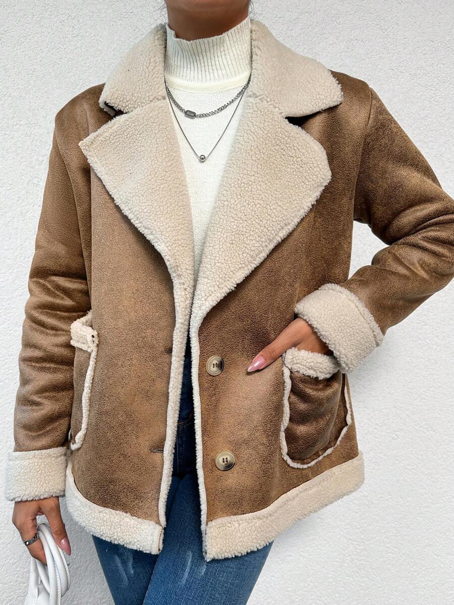EURMUSE Lapel Neck Pocket Front Faux Shearling Coat - Brown - View 1