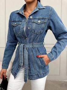 Cottnline 翻蓋口袋腰帶牛仔外套