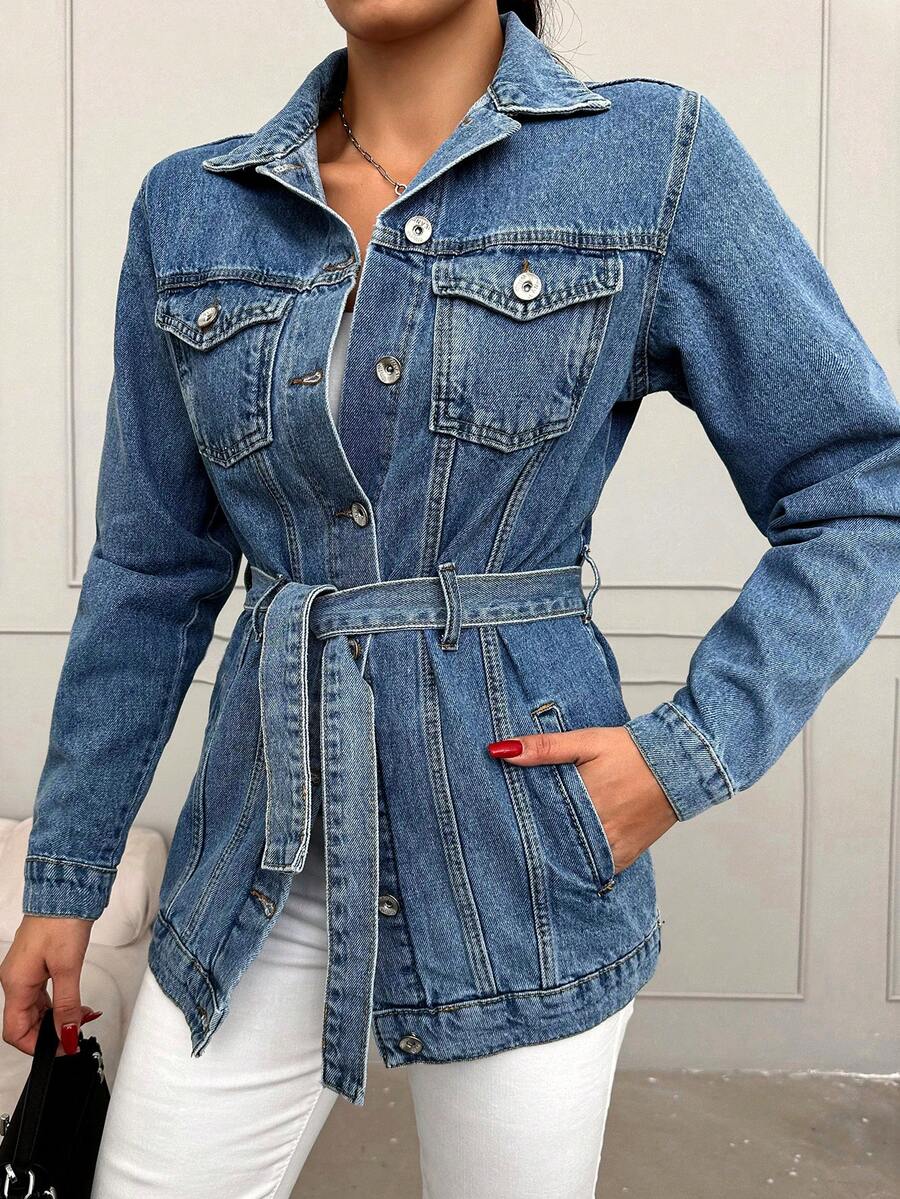 Cottnline 翻蓋口袋腰帶牛仔外套