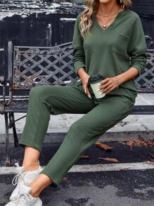 SHEIN LUNE 補丁貼口袋落肩T恤&腰部抽繩長褲 - 軍綠色 - 查看 1