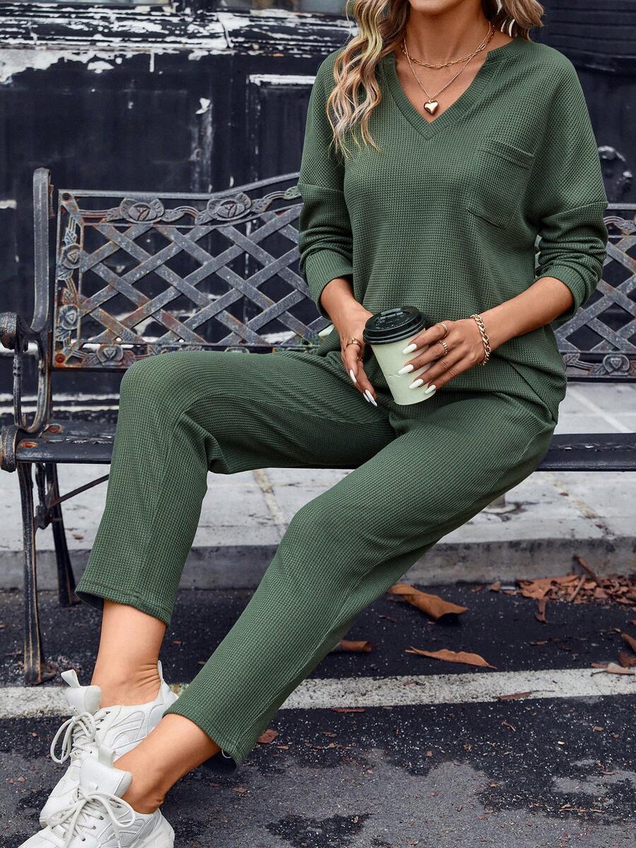 SHEIN LUNE 補丁貼口袋落肩T恤&腰部抽繩長褲 - 軍綠色 - 查看 1