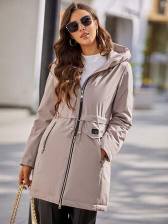 GASMAN Letter Patched Detail Drawstring Waist Zip Up Hooded Padded Coat