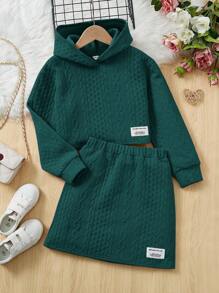 SHEIN Tween Girl Letter Patched Detail Hoodie & Skirt