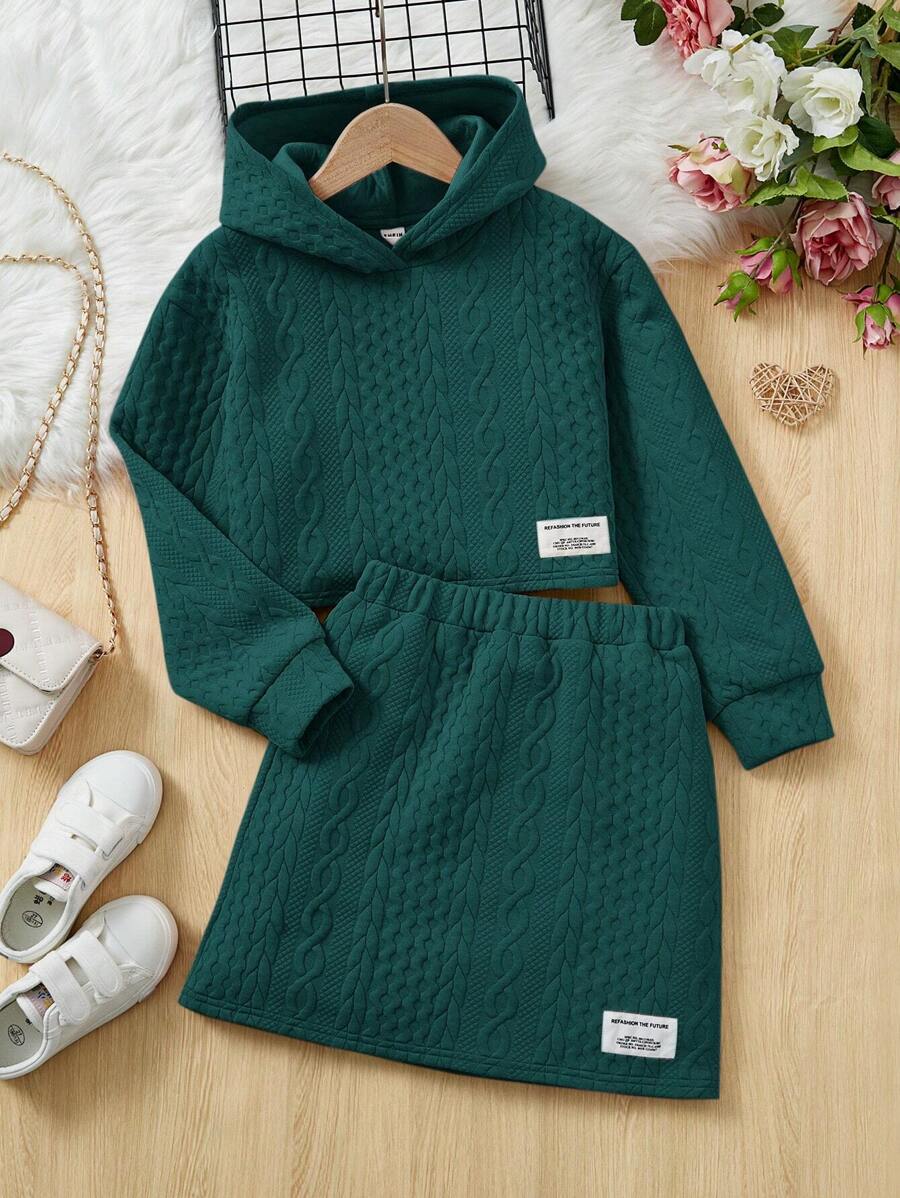 SHEIN Tween Girl Letter Patched Detail Hoodie & Skirt