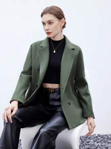GENKIRA Lapel Collar Double Breasted Blazer - Army Green - View 3