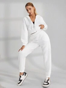 EURMUSE 2pcs Women Set: Solid Color Drop Shoulder Long Sleeve Hooded Crop Top And Elastic Waist Pants - White - View 4