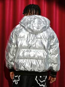 Manfinity VCAY Oversized Men Plus Size Silver Metallic Zip-Up Hooded Padded Coat