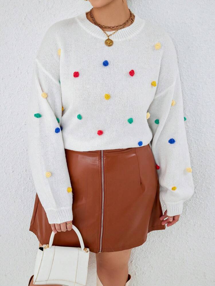 Plus Pom Pom Detail Drop Shoulder Sweater Knit Pullover Fall Winter Sweater