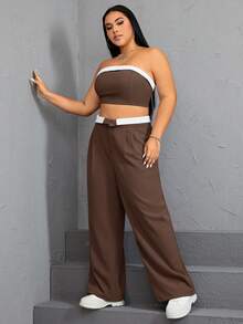SHEIN EZwear Plus Contrast Trim Tube Top & Wide Leg Pants - Coffee Brown - View 5